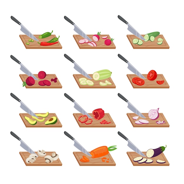 Conjunto de corte de vegetais na placa da cozinha. knife corta pimentões maduros e abacates em fatias finas de apetitosas saladas vegetarianas de vitaminas de berinjela e tomate. modelo de vetor de saúde.