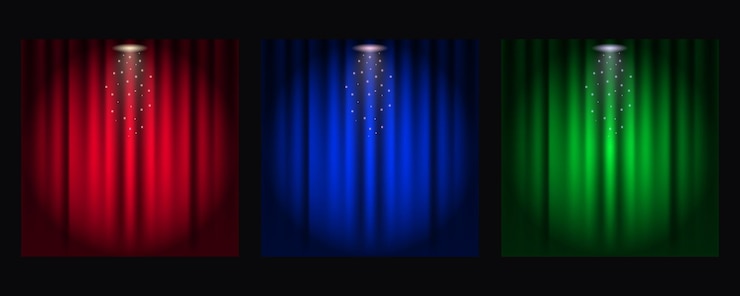 Vetor conjunto de cortinas no palco com um feixe de luz caindo sobre elas fundos verdes azuis vermelhos com holofotes em teatro ou cinema