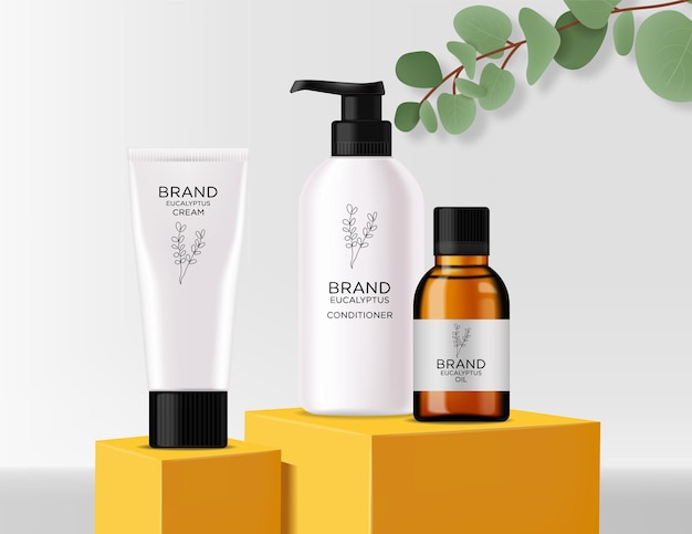 Conjunto de cosméticos de eucalipto realista, cosméticos de garrafa de loção de beleza, design de eucalipto, tratamento