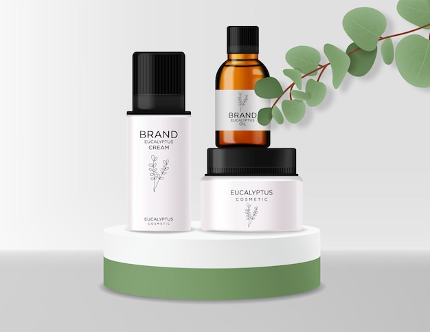 Conjunto de cosméticos de eucalipto realista, cosméticos de garrafa de loção de beleza, design de eucalipto, tratamento