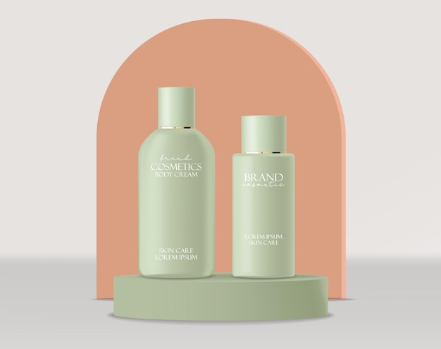 Conjunto de cosméticos de eucalipto realista, cosméticos de garrafa de loção de beleza, design de eucalipto