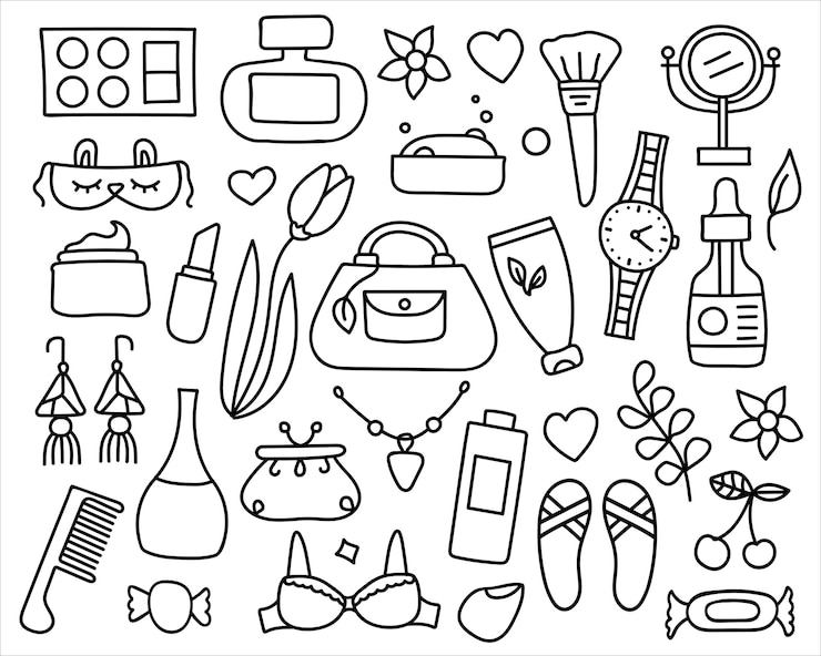 Vetor conjunto de cosméticos doodle e elementos de beleza.