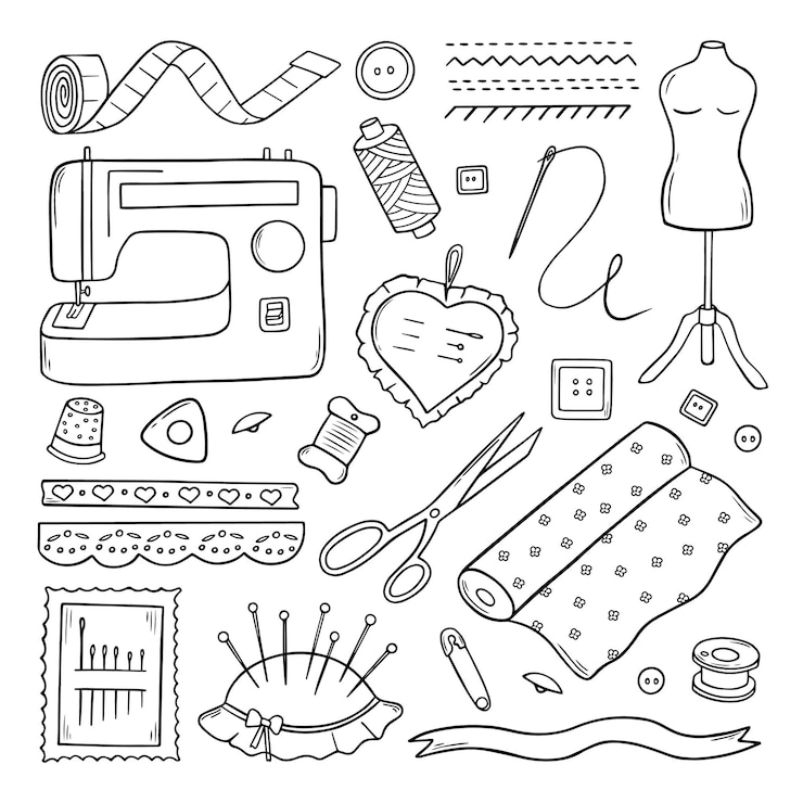 Vetor conjunto de costura desenhada à mão e doodle bordado.
