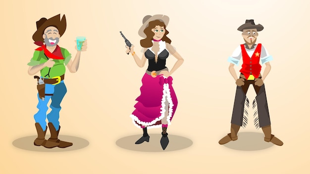 Vetor conjunto de cowboys de personagens de design plano no oeste selvagem