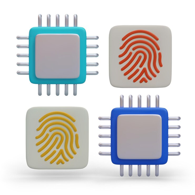 Vetor conjunto de cpu e impressões digitais realistas acesso ao trabalho para vários usuários