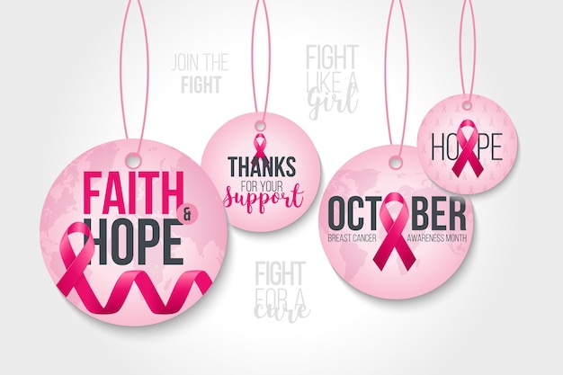 Conjunto de crachás de conscientização do câncer de mama com fitas cor de rosa