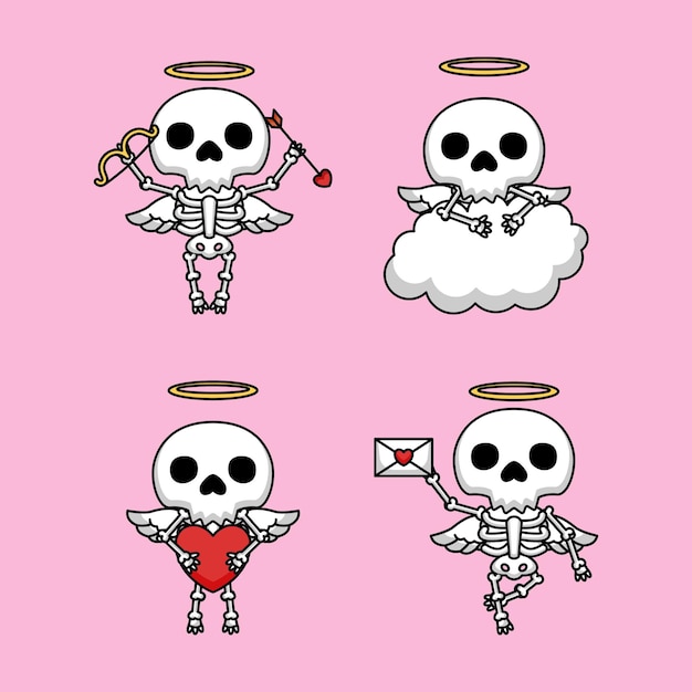 Conjunto de crânios fofos com fantasia de anjo cupido