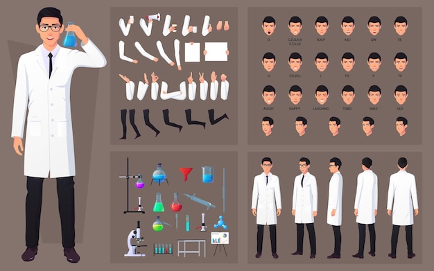 Vetor conjunto de criação de personagem cientista químico homem vestindo jaleco branco gestos e expressões faciais