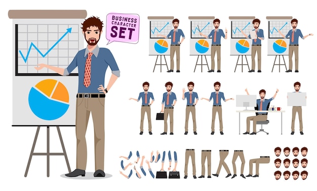 Conjunto de criação de personagens de negócios masculinos personagens de desenhos animados de homem de escritório mostrando apresentação de negócios