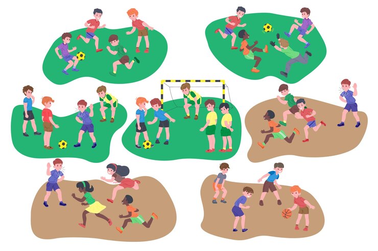 Conjunto de crianças brincando. Crianças felizes fazendo exercício físico, jogando catch-up, basquete, jogo de esportes. Infância saudável e ativa. Ilustração em vetor plana dos desenhos animados isolada no fundo branco
