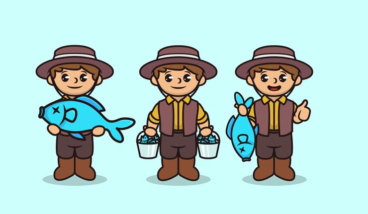 Vetor conjunto de crianças com desenho de mascote de fantasia de pescador