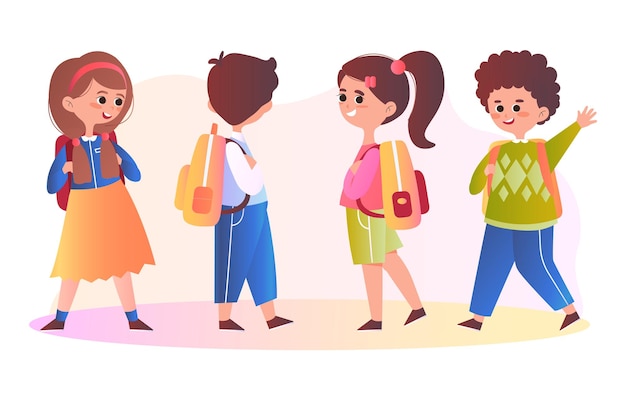 Conjunto de crianças crianças e pré-escolares crianças pequenas alegres com mochilas ir para a escola meninas e