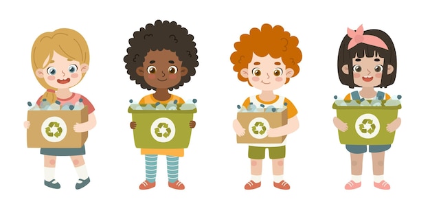 Vetor conjunto de crianças de desenho animado coletam resíduos plásticos para reciclagem