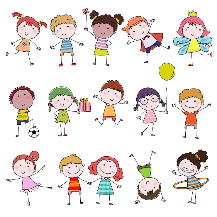 Vetor conjunto de crianças de doodle bonito desenho animado. crianças desenhadas à mão