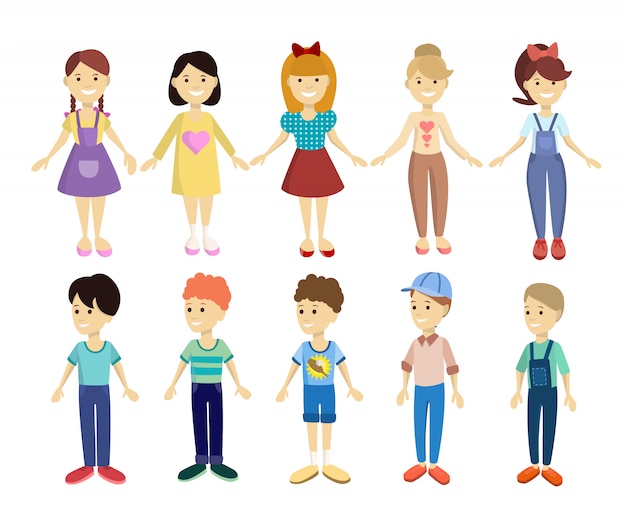 Conjunto de crianças dos desenhos animados. Meninos e meninas coloridos.