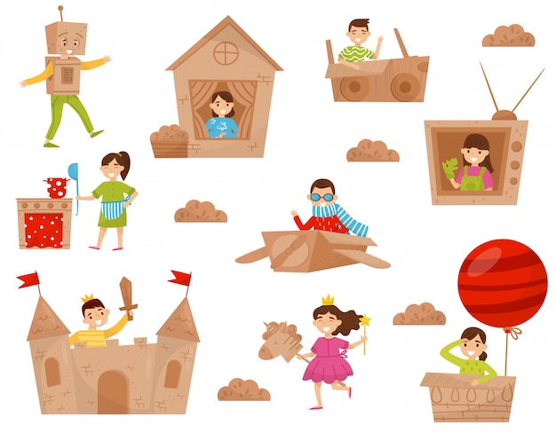 Conjunto de crianças felizes em ação. crianças brincando no castelo de papelão, casa, avião e balão de ar