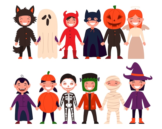 Conjunto de crianças. Halloween, festa infantil ou crianças fantasiadas de Halloween. em fundo branco isolado.