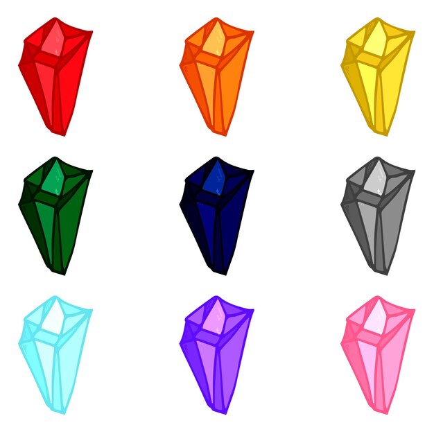 Vetor conjunto de cristais desenhados à mão gemas geométricas diamantes ilustração vetorial fragmento de clipart de vidro