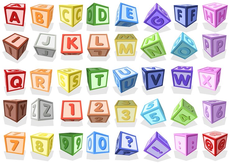 Vetor conjunto de cubos tridimensionais coloridos com letras maiúsculas e números