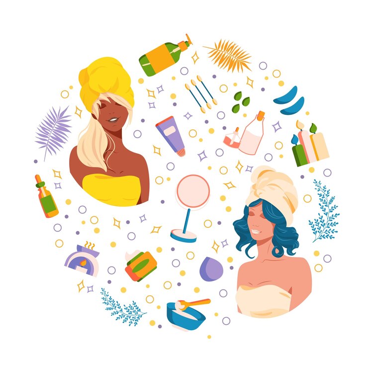 Vetor conjunto de cuidados com a pele com garotas de beleza e cosméticos ícone produto de ervas naturais para cuidar da pele coleção de produtos de cuidados com a pele do rosto de limpeza e hidratação em casa com ilustração vetorial de mulheres