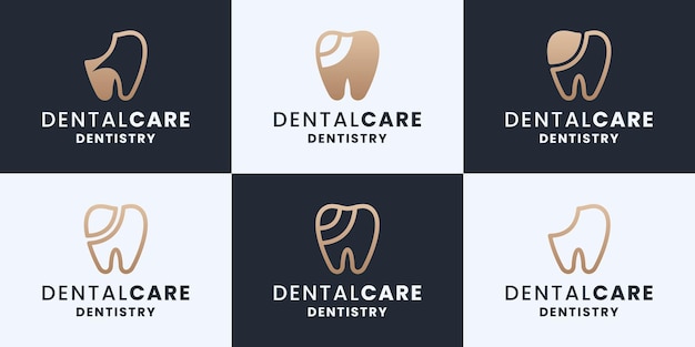 Conjunto de cuidados dentários, odontologia, coleções de design de logotipo de clínica odontológica com cor dourada