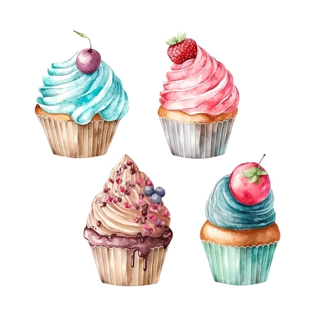 Conjunto de cupcake com sorvete de ilustração em aquarela creme