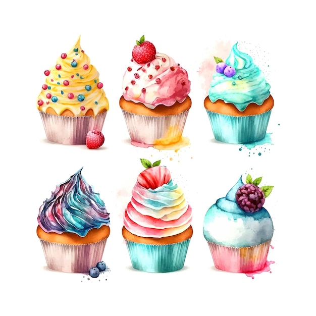 Conjunto de cupcake com sorvete de ilustração em aquarela creme