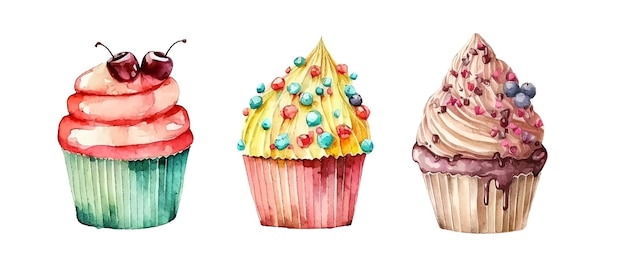Conjunto de cupcake com sorvete de ilustração em aquarela creme