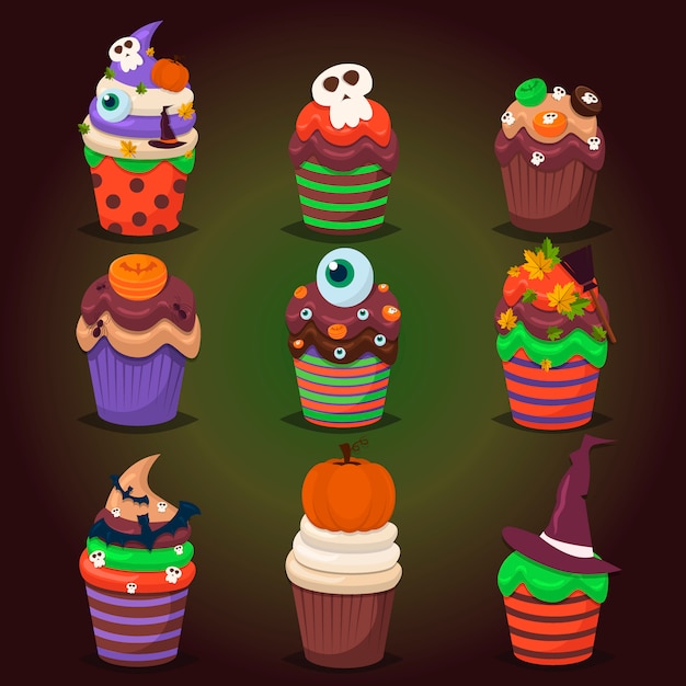 Conjunto de cupcake. doces assustadores felizes de dia das bruxas.
