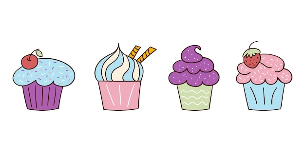 Vetor conjunto de cupcakes de estilo doodle deliciosos de cores brilhantes ilustração vetorial doutles de desenho à mão livre