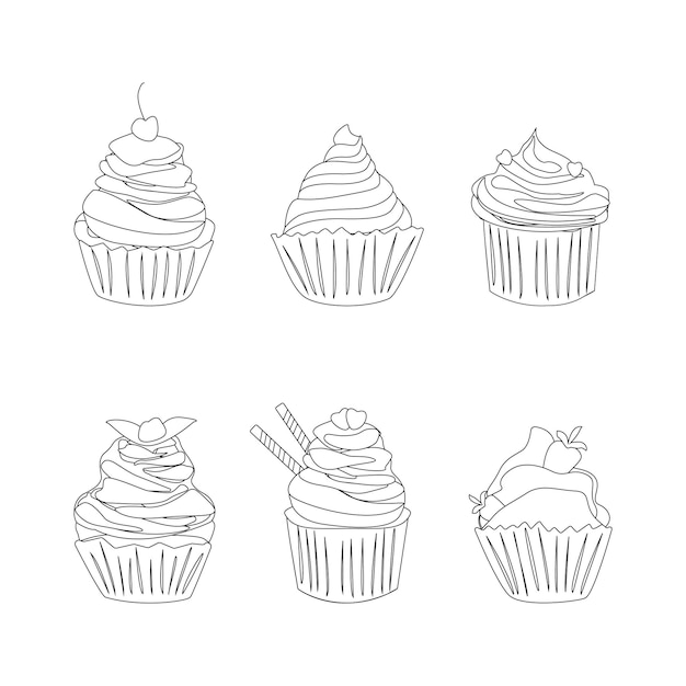 Conjunto de cupcakes diferentes da ilustração de esboço de muffin de contorno Coleção de sobremesa