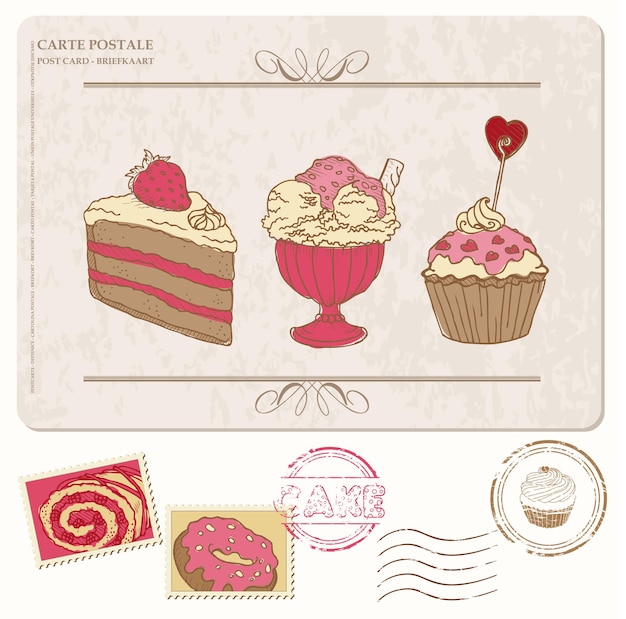 Conjunto de cupcakes em cartão postal antigo com selos