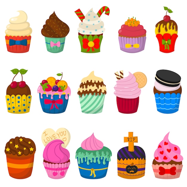 Conjunto de cupcakes vector fofo e muffins isolados