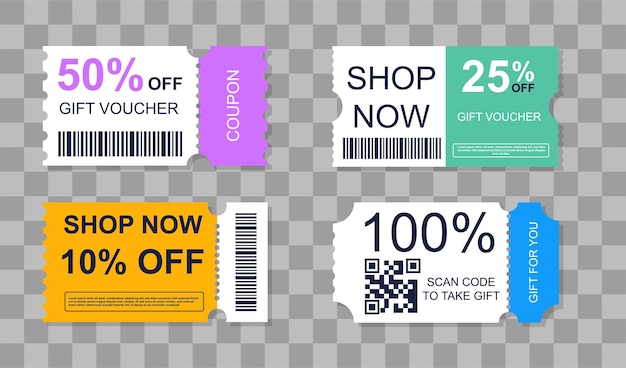 Conjunto de cupons com promoções e descontos coleção de bilhetes com códigos de barras e inscrições