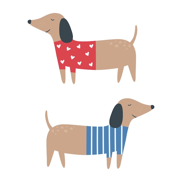 Conjunto de dachshund engraçado de ilustração vetorial de bassês em estilo simples, isolado no fundo branco