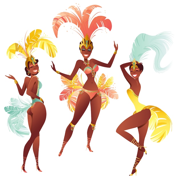Conjunto de dançarinos de samba brasileiros. meninas de carnaval dançando.