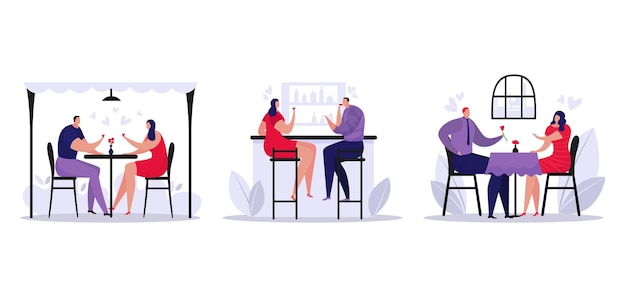 Conjunto de data no café, jantar romântico para o personagem homem mulher, definir ilustração vetorial. Caráter do casal de pessoas bebe no restaurante. Desenhos animados de namoro, pessoa feliz sentados à mesa juntos.