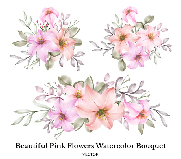 Conjunto de decoração de buquê de aquarela lindas flores cor de rosa