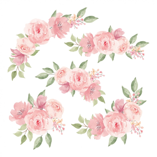 Vetor conjunto de decoração de buquê de flores em aquarela rosa rosa