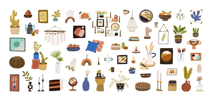 Vetor conjunto de decoração de casa moderna para design de interiores escandinavo. plantas de casa, velas, almofadas, luminárias, prateleiras, vasos para decoração de quartos aconchegantes e modernos. ilustração em vetor plana colorida isolada no branco.