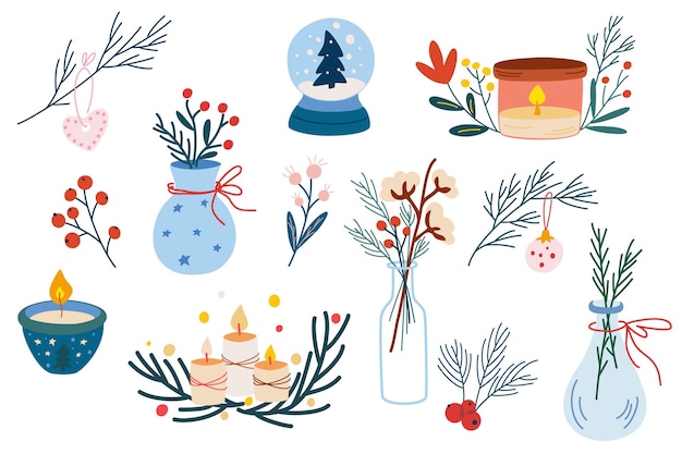 Conjunto de decoração de natal. mão-extraídas elementos de vasos com flores de inverno e galhos, frutas, velas, brinquedos de natal. tempo de inverno aconchegante. ilustração do vetor dos desenhos animados.