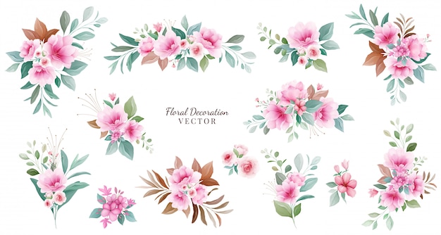 Conjunto de decoração floral. Ilustração de arranjos botânicos de flores cor de rosa e vermelhas, folhas, galhos.