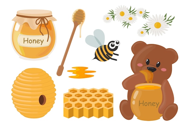 Conjunto de delicioso mel em estilo de desenho animado Ilustração vetorial de doce jarro de mel colmeia abelhas favo de mel colher flores urso com grande pote de mel lambendo pata isolado em fundo branco