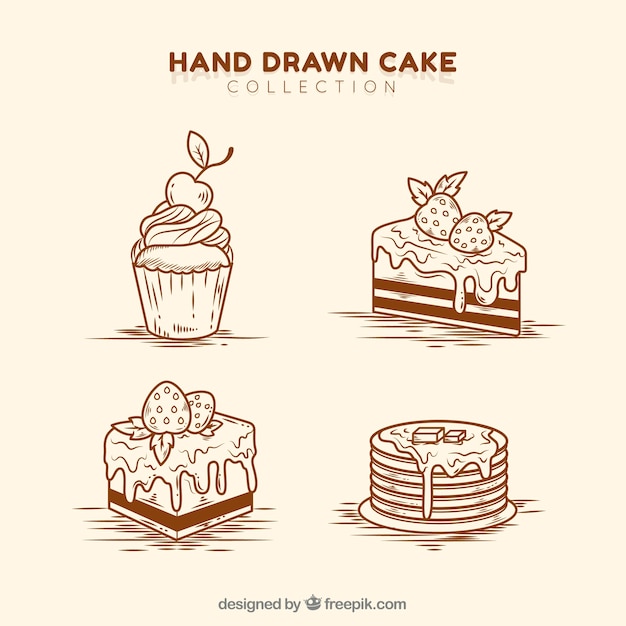 Vetor conjunto de deliciosos bolos em estilo desenhado à mão