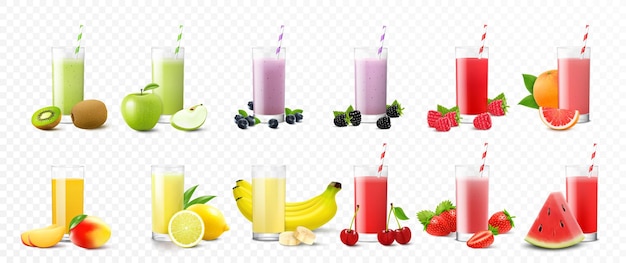 Conjunto de deliciosos smoothies frescos em vidro alto decorado com frutas e bagas isoladas em fundo transparente Berry detox diet conceito doce Vetor 3d realista
