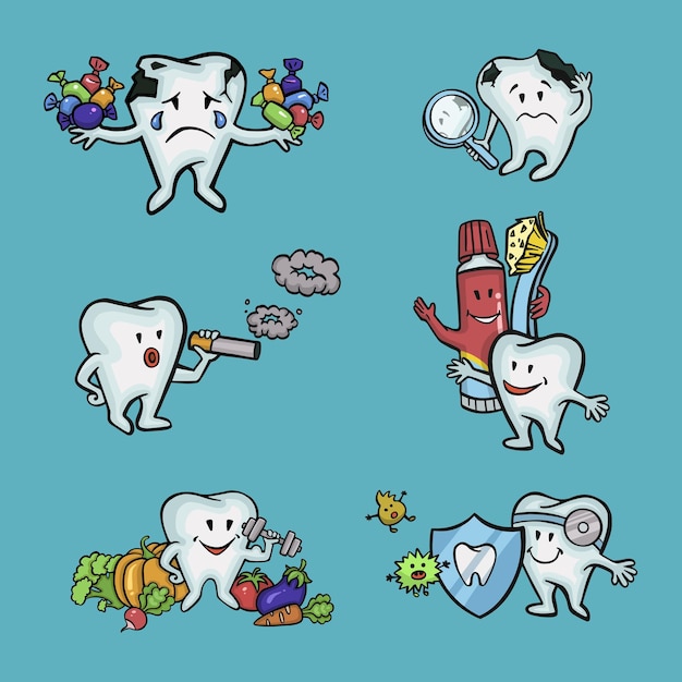 Conjunto de dentes saudáveis e danificados vetor de higiene bucal