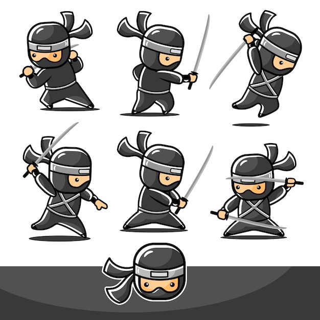 Conjunto de desenho animado pequeno ninja preto