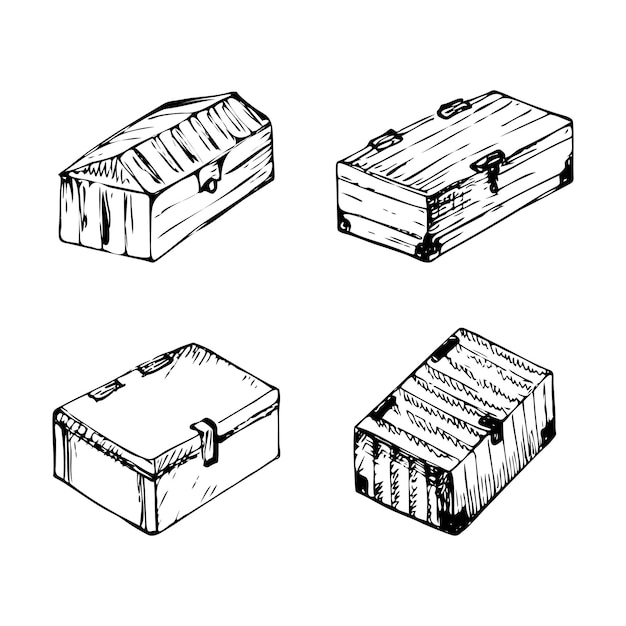 Conjunto de desenho baú de tesouro trancado feito à mão