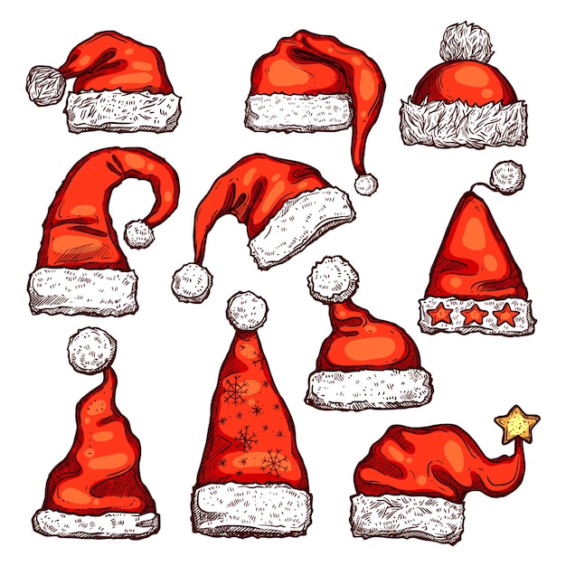 Conjunto de desenho de chapéu vermelho de natal de papai noel. tradicional boné de papai noel vermelho, decorado com floco de neve, estrela e enfeites de pêlo branco. férias de inverno, design festivo de natal e ano novo