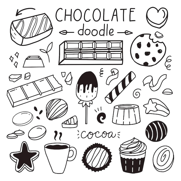 Conjunto de desenho de chocolate e doce para o adesivo de ilustração vetorial do dia mundial do chocolate